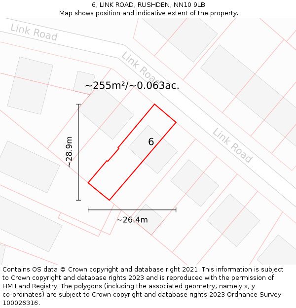 6, LINK ROAD, RUSHDEN, NN10 9LB: Plot and title map
