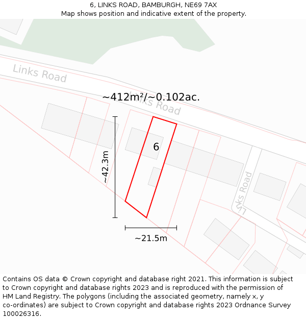6, LINKS ROAD, BAMBURGH, NE69 7AX: Plot and title map