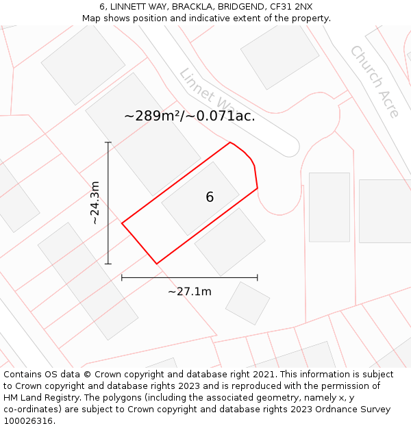 6, LINNETT WAY, BRACKLA, BRIDGEND, CF31 2NX: Plot and title map