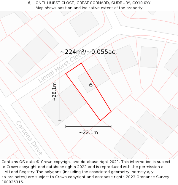 6, LIONEL HURST CLOSE, GREAT CORNARD, SUDBURY, CO10 0YY: Plot and title map