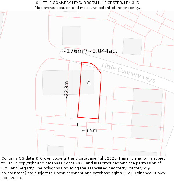 6, LITTLE CONNERY LEYS, BIRSTALL, LEICESTER, LE4 3LS: Plot and title map