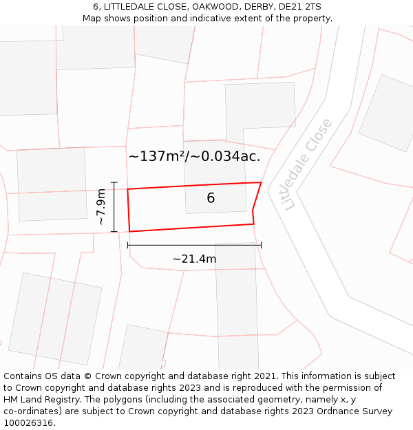 6, LITTLEDALE CLOSE, OAKWOOD, DERBY, DE21 2TS: Plot and title map