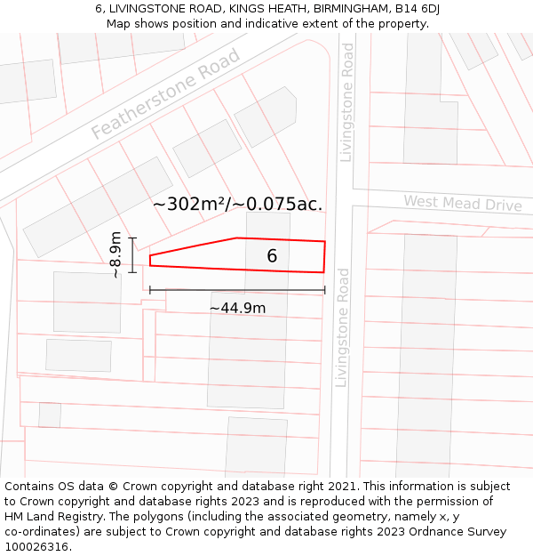6, LIVINGSTONE ROAD, KINGS HEATH, BIRMINGHAM, B14 6DJ: Plot and title map