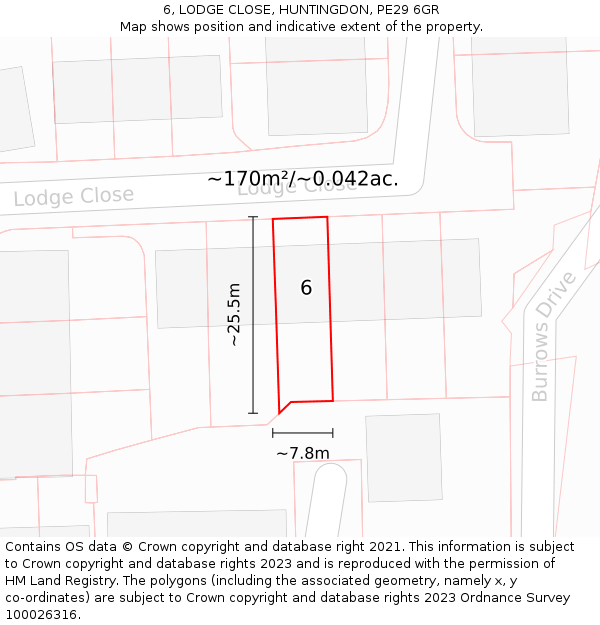 6, LODGE CLOSE, HUNTINGDON, PE29 6GR: Plot and title map