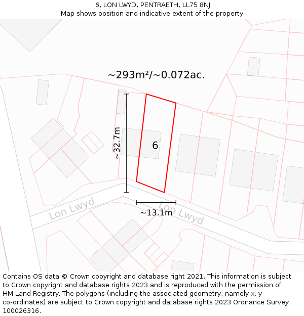 6, LON LWYD, PENTRAETH, LL75 8NJ: Plot and title map