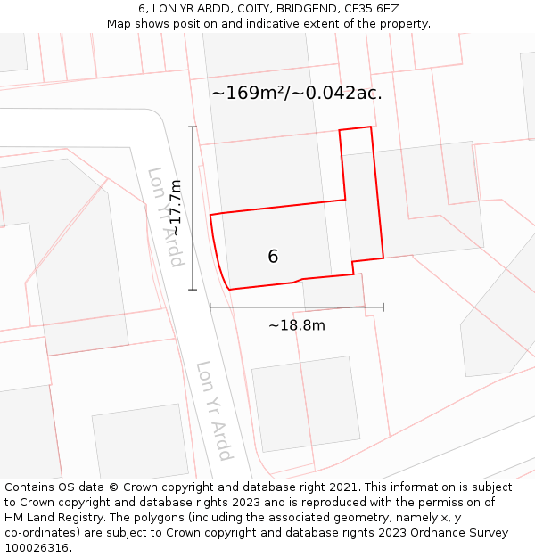 6, LON YR ARDD, COITY, BRIDGEND, CF35 6EZ: Plot and title map
