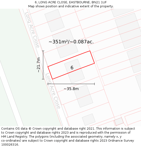 6, LONG ACRE CLOSE, EASTBOURNE, BN21 1UF: Plot and title map