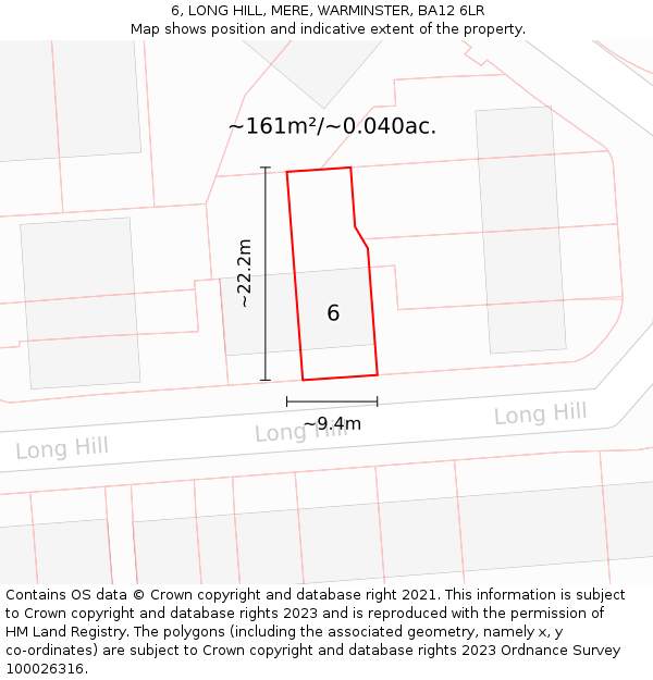 6, LONG HILL, MERE, WARMINSTER, BA12 6LR: Plot and title map