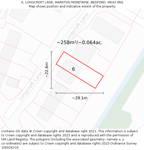 6, LONGCROFT LANE, MARSTON MORETAINE, BEDFORD, MK43 0RQ: Plot and title map