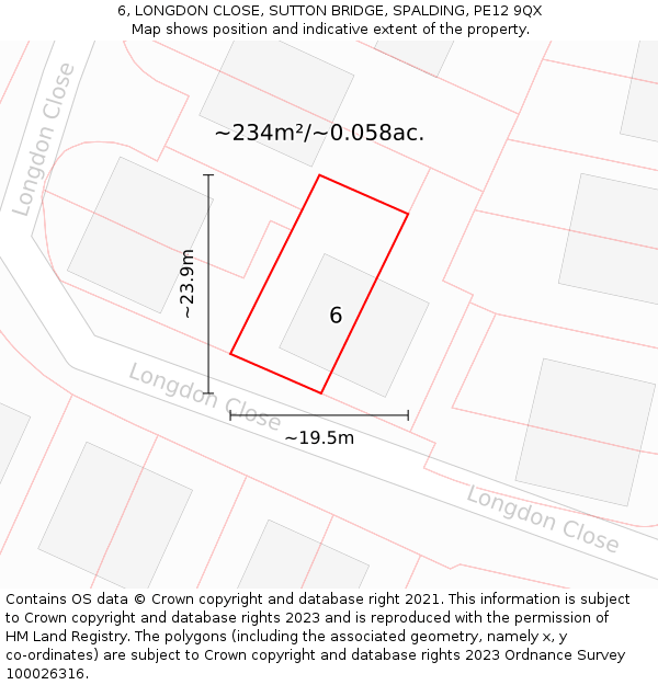 6, LONGDON CLOSE, SUTTON BRIDGE, SPALDING, PE12 9QX: Plot and title map