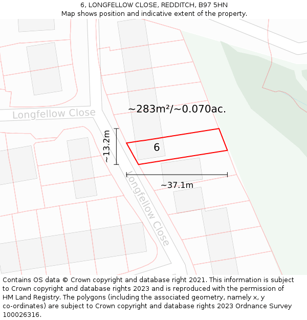 6, LONGFELLOW CLOSE, REDDITCH, B97 5HN: Plot and title map