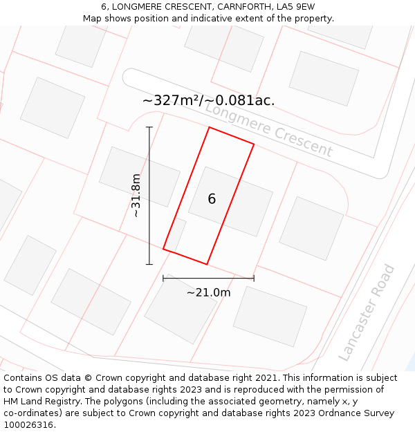 6, LONGMERE CRESCENT, CARNFORTH, LA5 9EW: Plot and title map