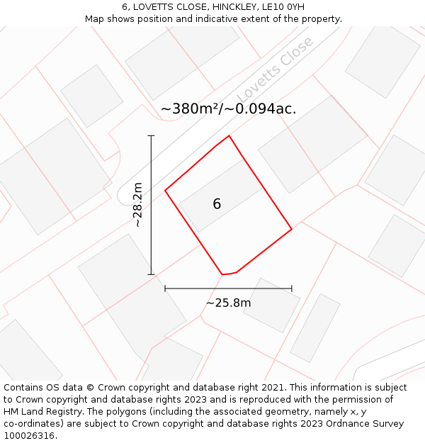 6, LOVETTS CLOSE, HINCKLEY, LE10 0YH: Plot and title map