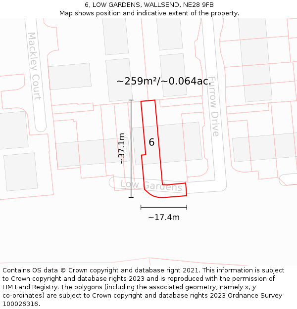 6, LOW GARDENS, WALLSEND, NE28 9FB: Plot and title map