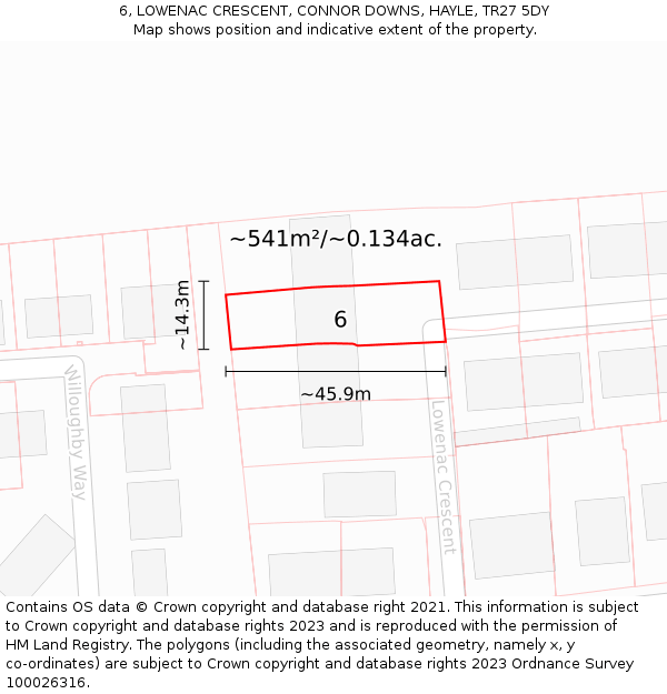 6, LOWENAC CRESCENT, CONNOR DOWNS, HAYLE, TR27 5DY: Plot and title map