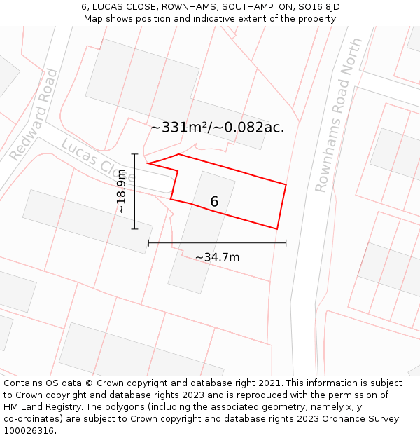6, LUCAS CLOSE, ROWNHAMS, SOUTHAMPTON, SO16 8JD: Plot and title map