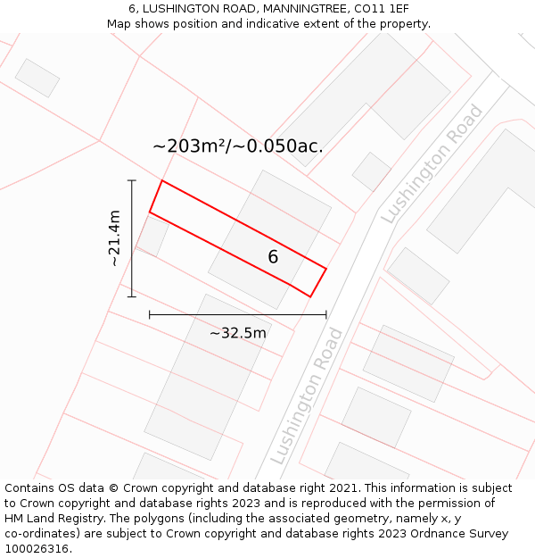 6, LUSHINGTON ROAD, MANNINGTREE, CO11 1EF: Plot and title map