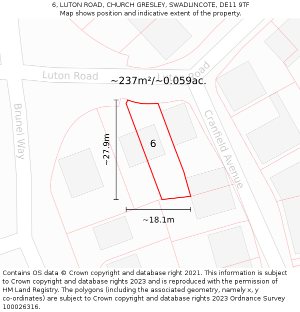 6, LUTON ROAD, CHURCH GRESLEY, SWADLINCOTE, DE11 9TF: Plot and title map