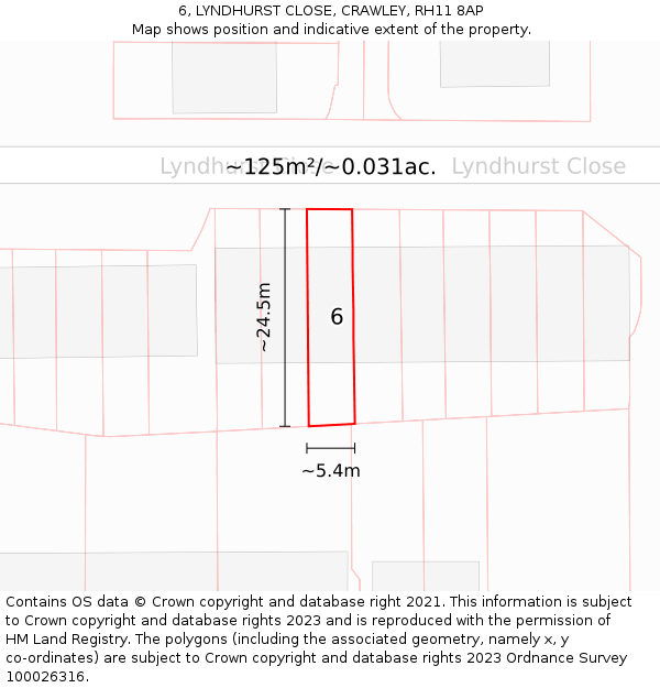 6, LYNDHURST CLOSE, CRAWLEY, RH11 8AP: Plot and title map