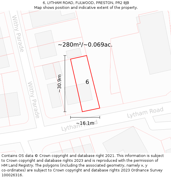 6, LYTHAM ROAD, FULWOOD, PRESTON, PR2 8JB: Plot and title map