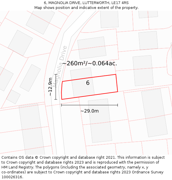 6, MAGNOLIA DRIVE, LUTTERWORTH, LE17 4RS: Plot and title map