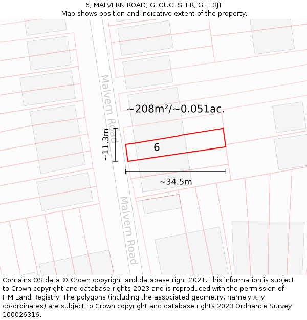6, MALVERN ROAD, GLOUCESTER, GL1 3JT: Plot and title map