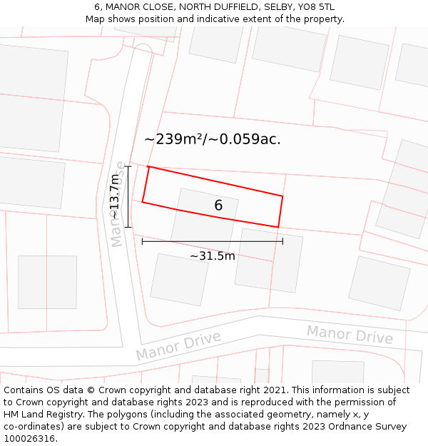6, MANOR CLOSE, NORTH DUFFIELD, SELBY, YO8 5TL: Plot and title map
