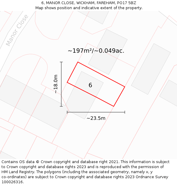 6, MANOR CLOSE, WICKHAM, FAREHAM, PO17 5BZ: Plot and title map