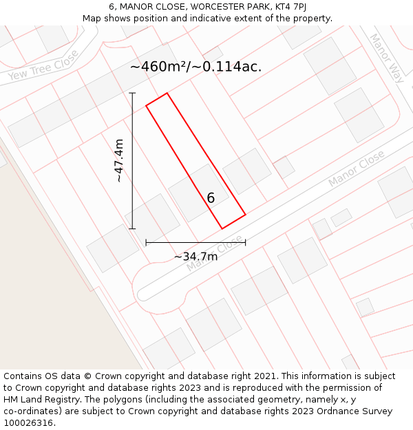 6, MANOR CLOSE, WORCESTER PARK, KT4 7PJ: Plot and title map