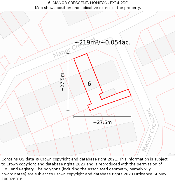 6, MANOR CRESCENT, HONITON, EX14 2DF: Plot and title map