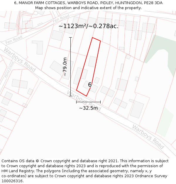 6, MANOR FARM COTTAGES, WARBOYS ROAD, PIDLEY, HUNTINGDON, PE28 3DA: Plot and title map