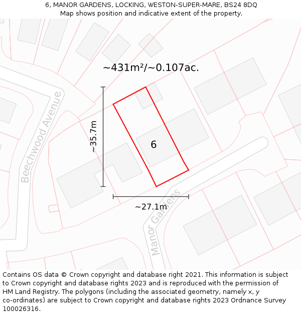 6, MANOR GARDENS, LOCKING, WESTON-SUPER-MARE, BS24 8DQ: Plot and title map