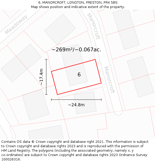 6, MANORCROFT, LONGTON, PRESTON, PR4 5BS: Plot and title map