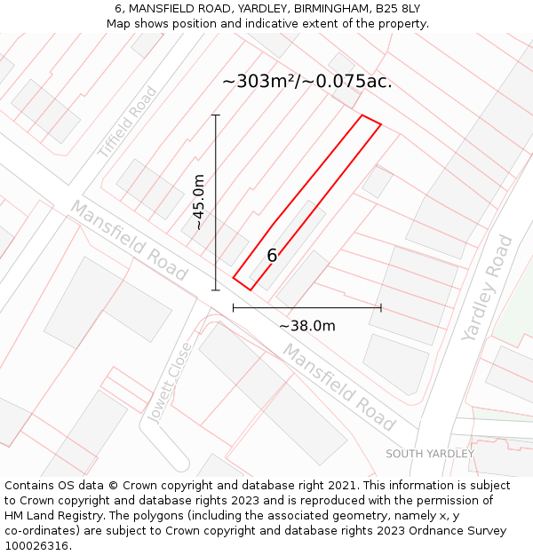 6, MANSFIELD ROAD, YARDLEY, BIRMINGHAM, B25 8LY: Plot and title map