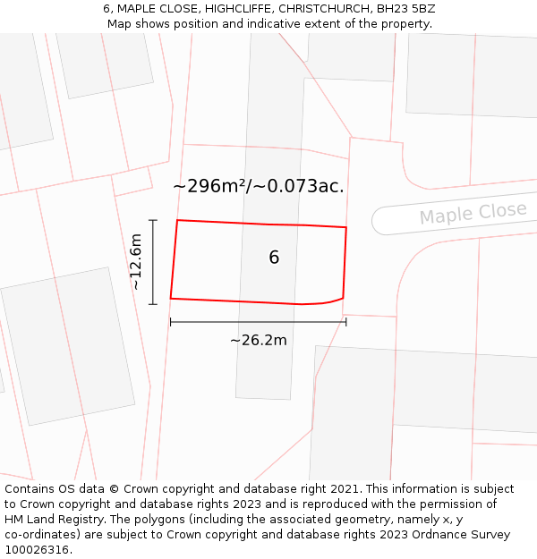 6, MAPLE CLOSE, HIGHCLIFFE, CHRISTCHURCH, BH23 5BZ: Plot and title map