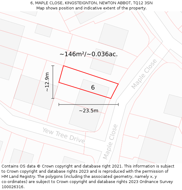 6, MAPLE CLOSE, KINGSTEIGNTON, NEWTON ABBOT, TQ12 3SN: Plot and title map