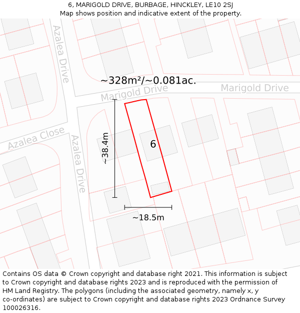 6, MARIGOLD DRIVE, BURBAGE, HINCKLEY, LE10 2SJ: Plot and title map