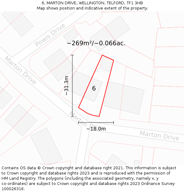 6, MARTON DRIVE, WELLINGTON, TELFORD, TF1 3HB: Plot and title map
