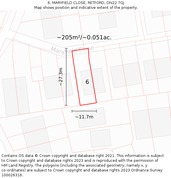 6, MARYFIELD CLOSE, RETFORD, DN22 7GJ: Plot and title map