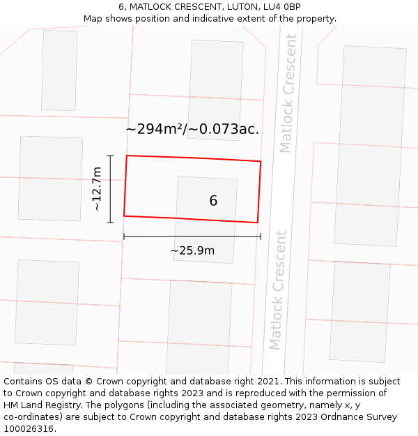 6, MATLOCK CRESCENT, LUTON, LU4 0BP: Plot and title map