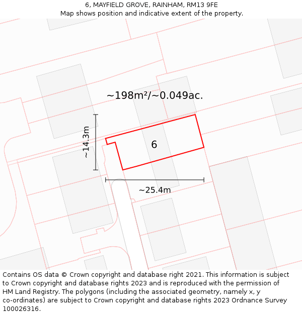 6, MAYFIELD GROVE, RAINHAM, RM13 9FE: Plot and title map