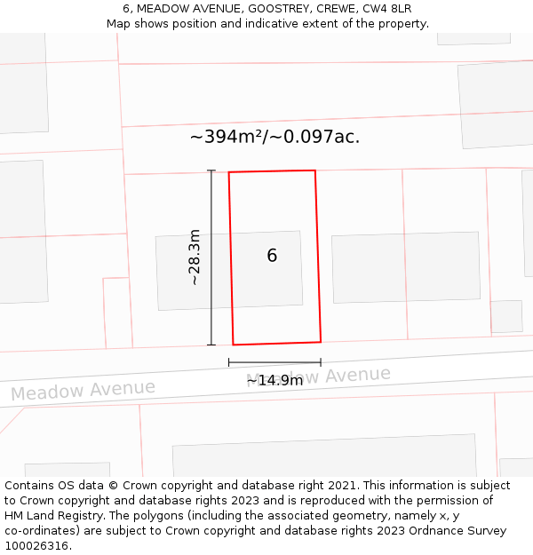 6, MEADOW AVENUE, GOOSTREY, CREWE, CW4 8LR: Plot and title map