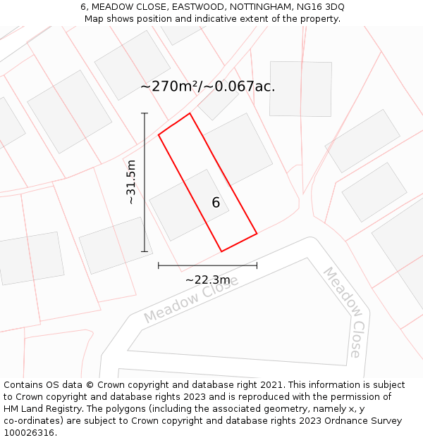 6, MEADOW CLOSE, EASTWOOD, NOTTINGHAM, NG16 3DQ: Plot and title map