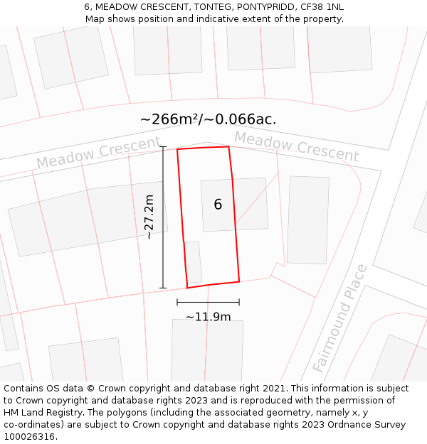 6, MEADOW CRESCENT, TONTEG, PONTYPRIDD, CF38 1NL: Plot and title map