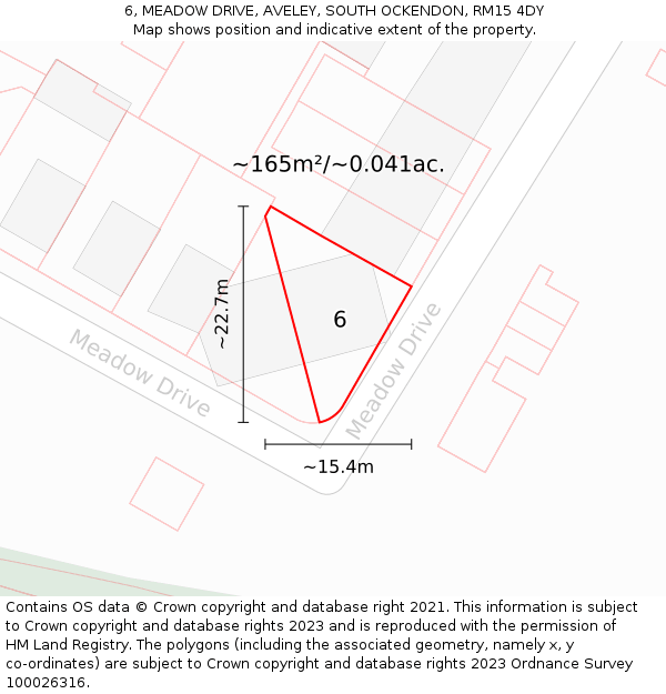 6, MEADOW DRIVE, AVELEY, SOUTH OCKENDON, RM15 4DY: Plot and title map