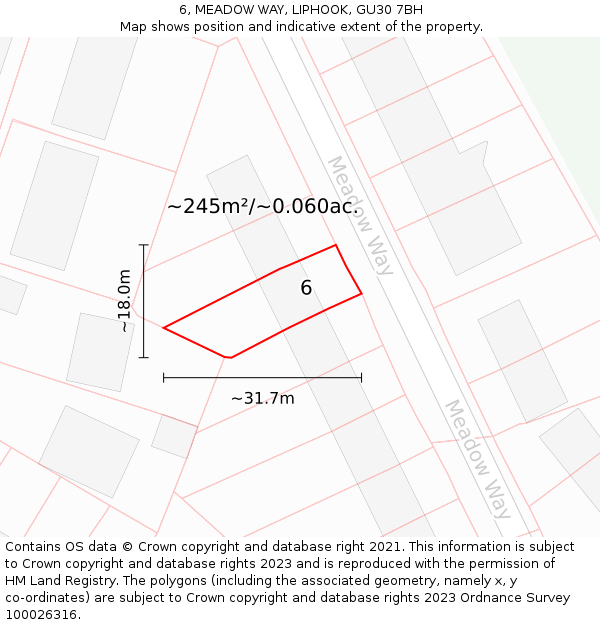 6, MEADOW WAY, LIPHOOK, GU30 7BH: Plot and title map