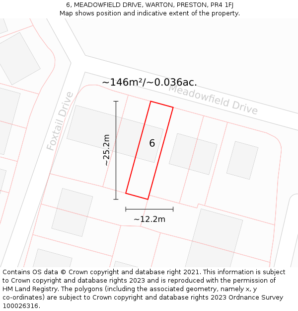 6, MEADOWFIELD DRIVE, WARTON, PRESTON, PR4 1FJ: Plot and title map
