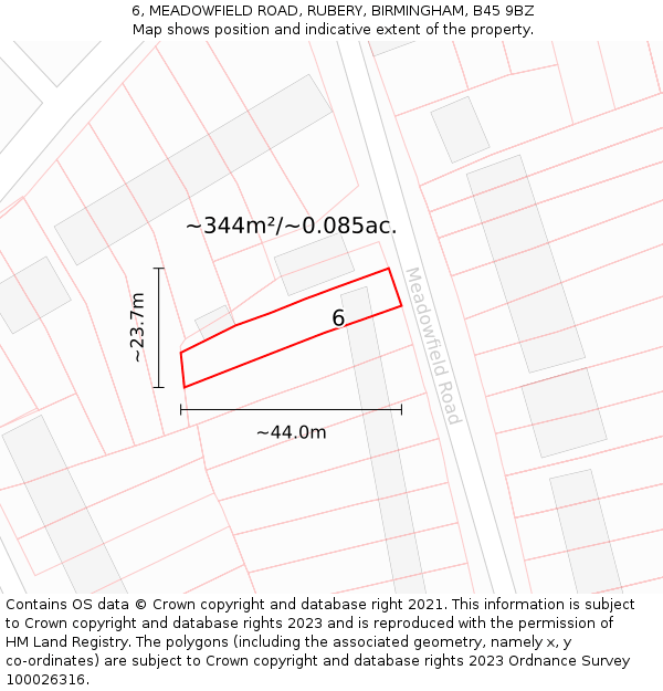 6, MEADOWFIELD ROAD, RUBERY, BIRMINGHAM, B45 9BZ: Plot and title map