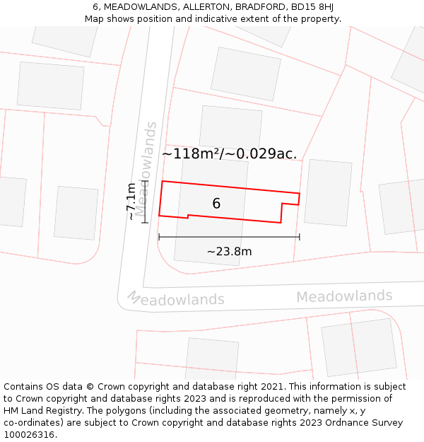 6, MEADOWLANDS, ALLERTON, BRADFORD, BD15 8HJ: Plot and title map