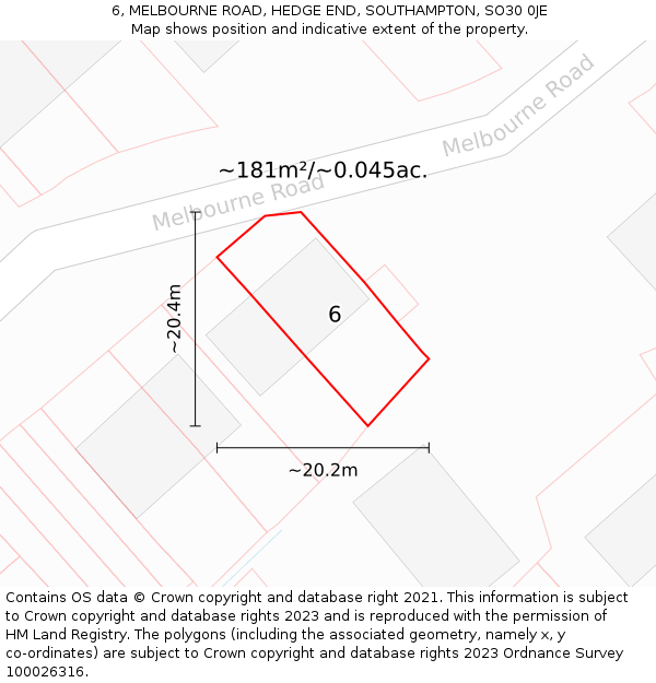 6, MELBOURNE ROAD, HEDGE END, SOUTHAMPTON, SO30 0JE: Plot and title map